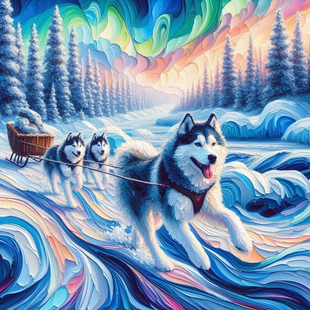 Huskies pulling a sled in impasto (Balto Inspired)