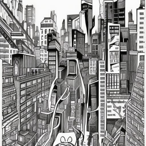 Line Art pen and ink Drawing high contrast Detailed cityscap...