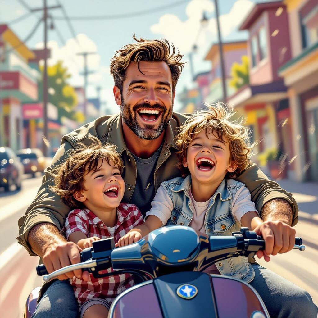 father gives rides to his children who are laughing happily  by @Schoor