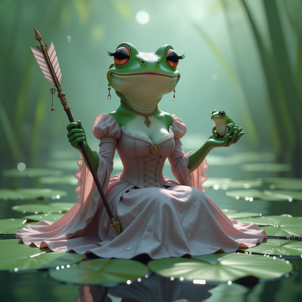 Enchanting Frog Woman in Victorian Gown with Steampunk Arrow