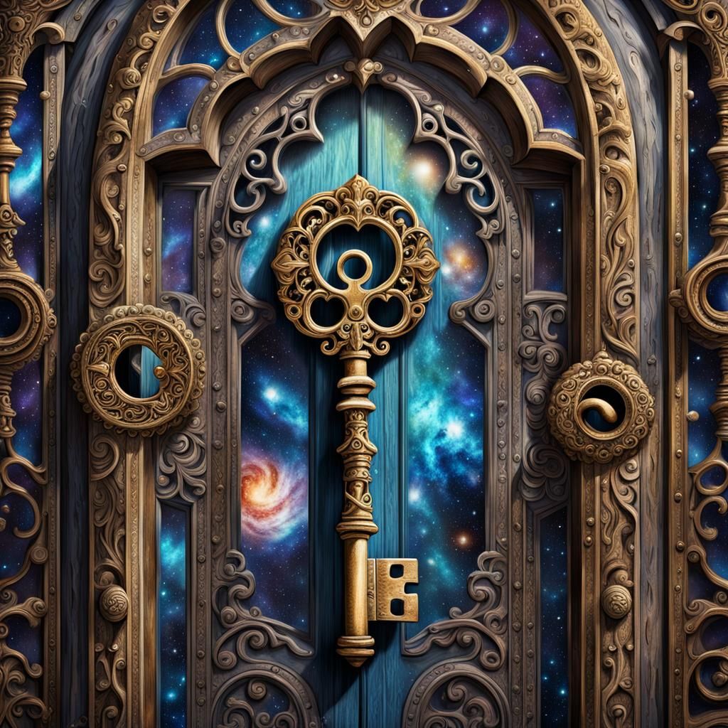 a close up of an ornate skeleton key with door to another galaxy, fantasy, highly  detailed, excellent ...  by @Faydra6410