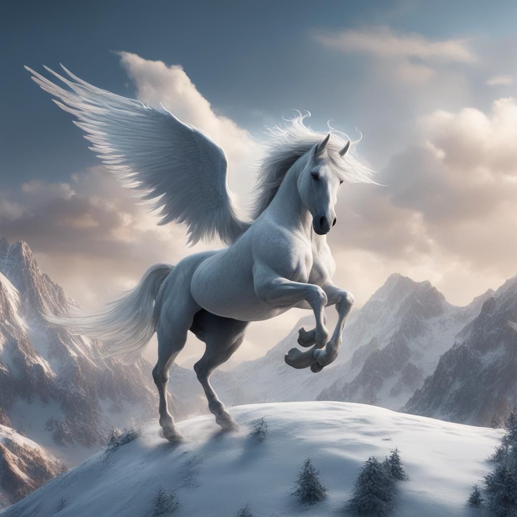 Pegasus the winged horse white as snow flying over the mount...