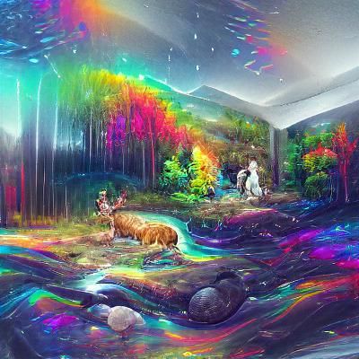 cottage, forest, stream, animals, rainbow