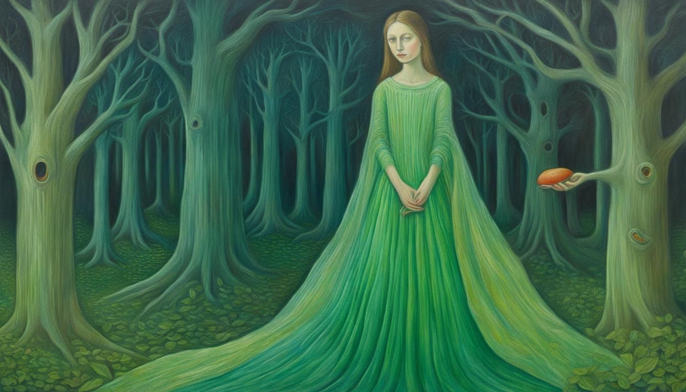 la belle Circé dans une belle grande robe vert claire se promène  dans l 'abbaye le matin, en 2008, peinture pastel surréaliste à l'huile à la façon d'Helen Flockhart_