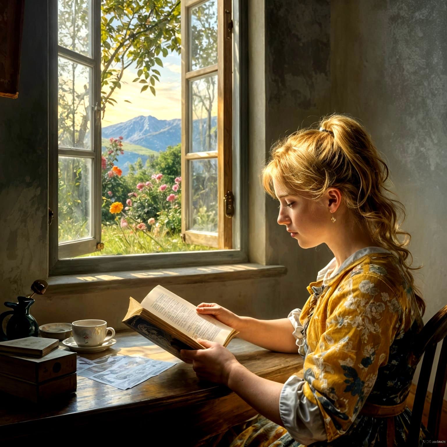 A girl absorbs in her book.  by @Tangerinesky