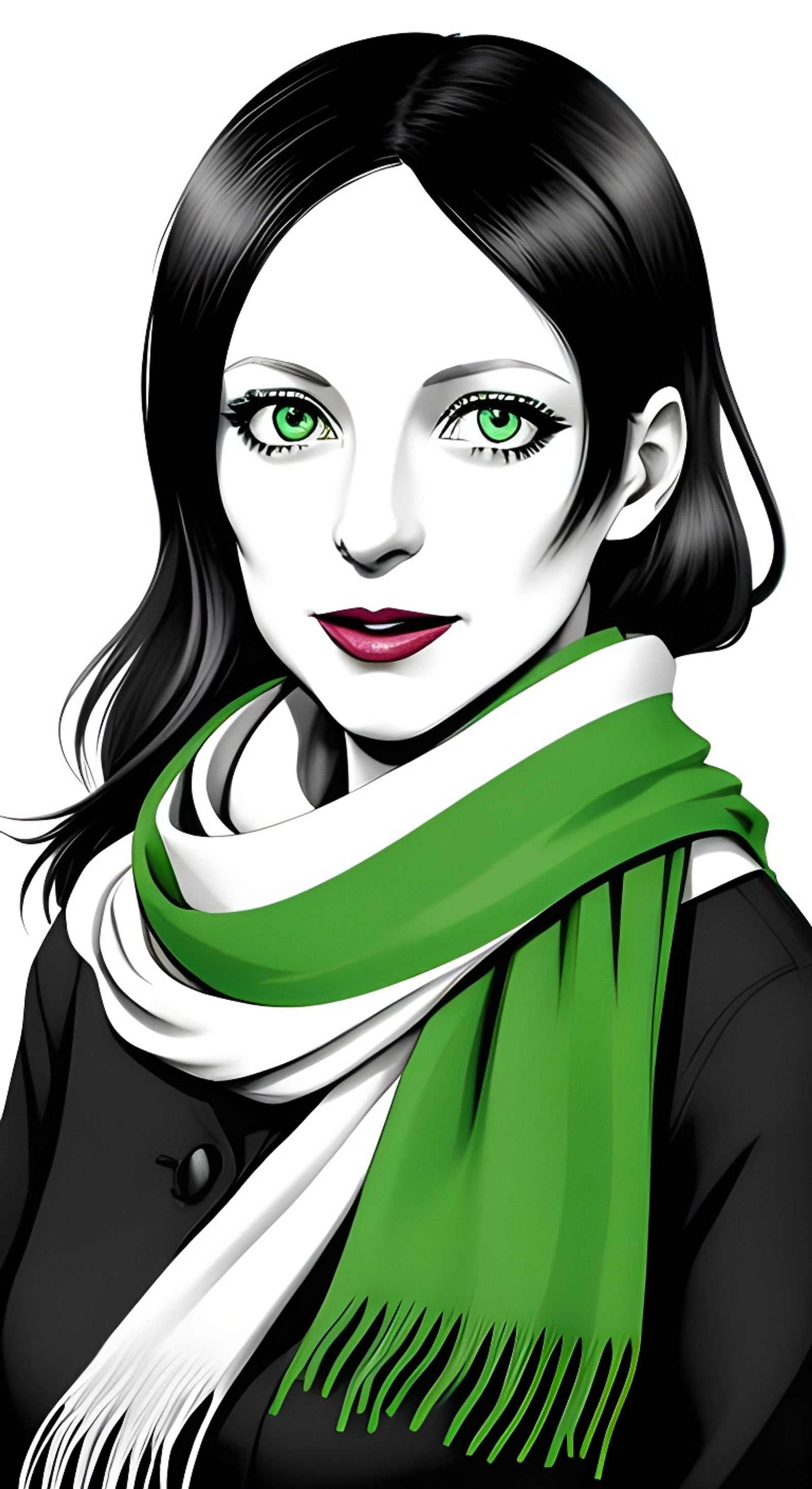 color splash art, monochrome (35 year old woman 1.7), (wide thin mouth 1.4), green eyes and