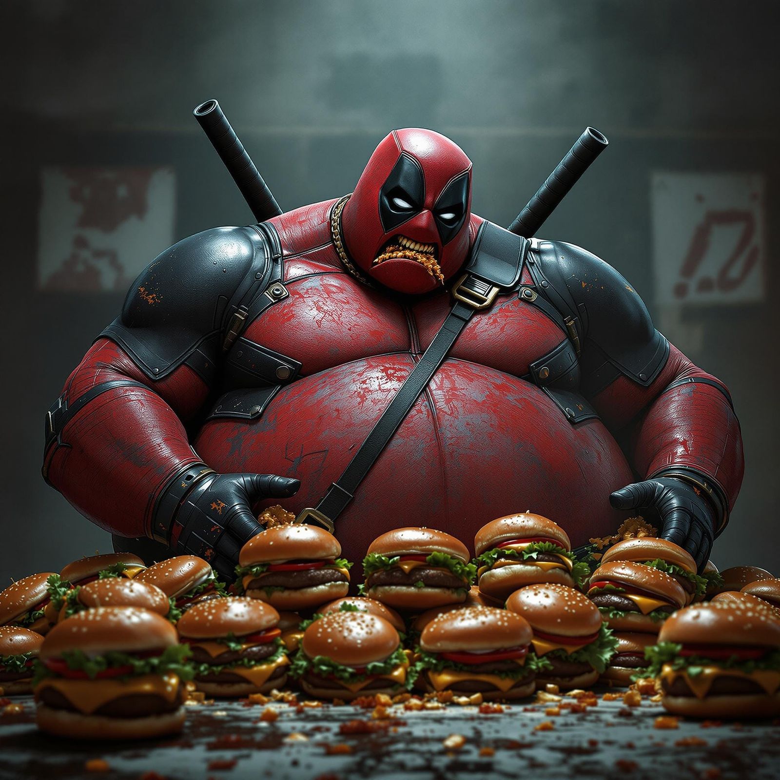 Deadpool Devours Hamburgers in Grunge Digital Art