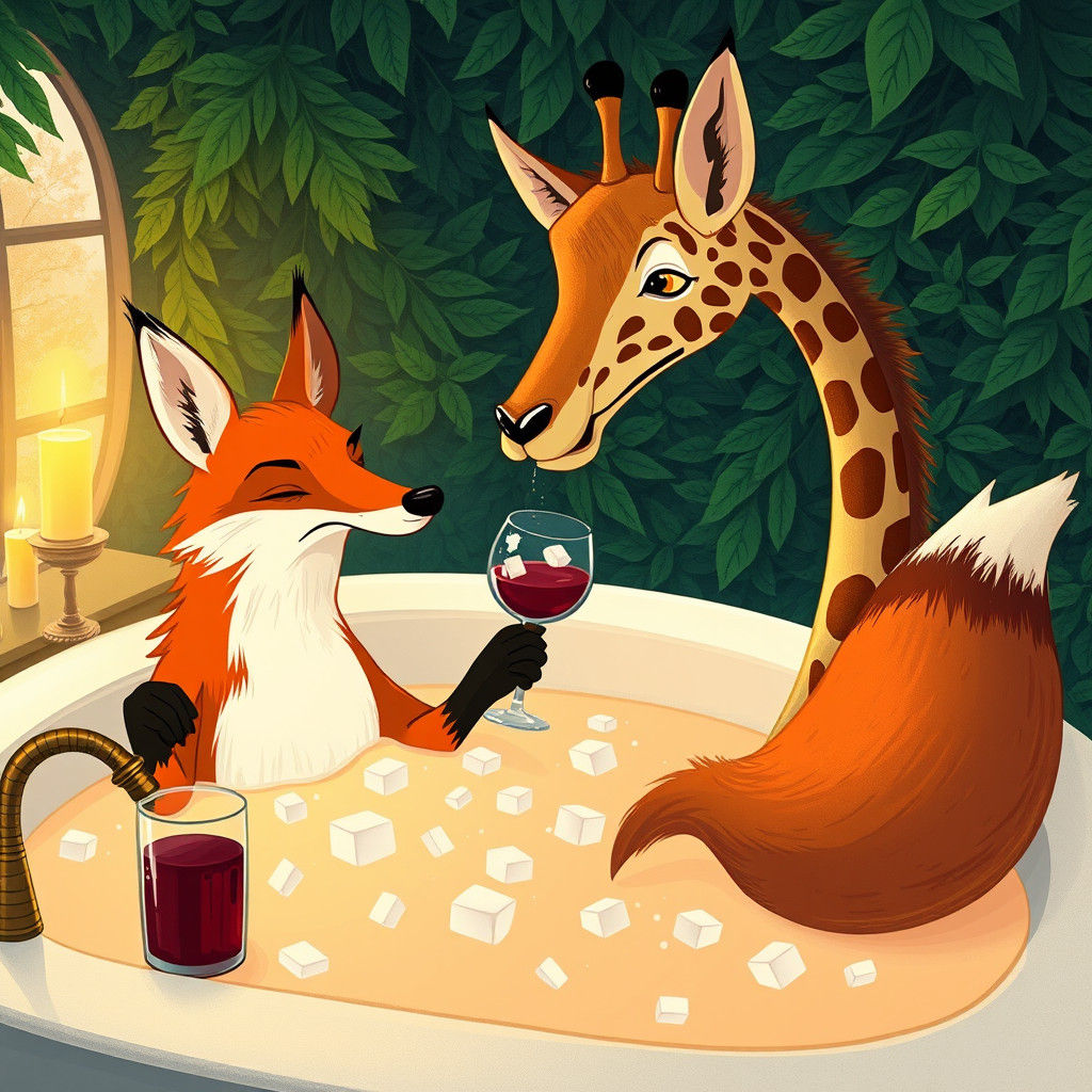 Fox in Wine Bath Interrupted by Giraffe