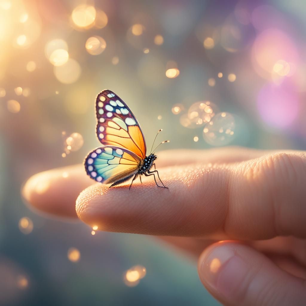Tiny butterfly resting on a human finger before it takes flight