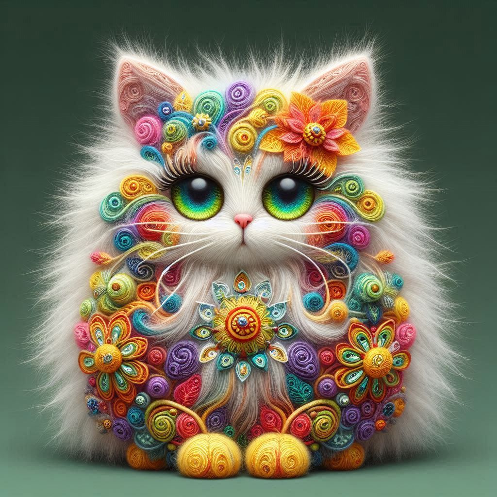Naive/Folk art. a 3d cute elegant cat made out of colorful and gold wool.