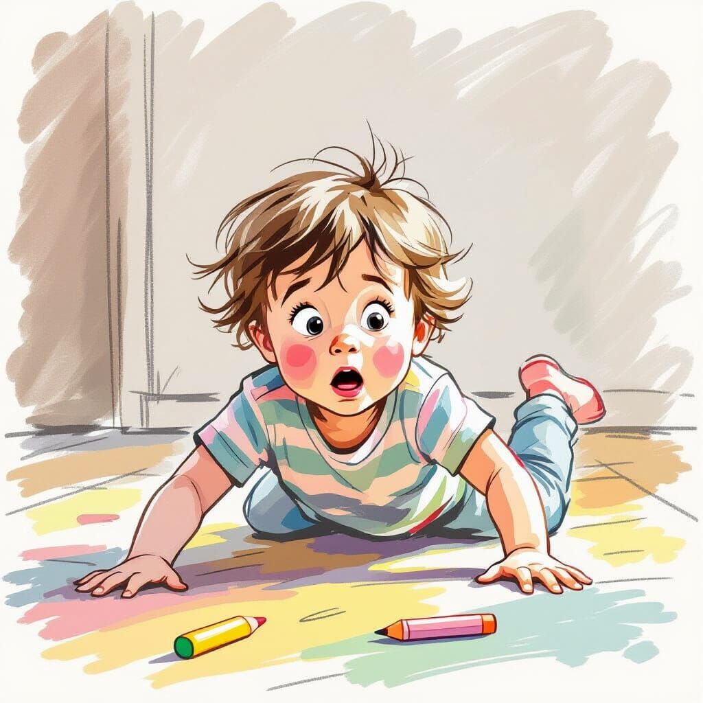 아이가 장난치다가 넘어질뻔한 상황. 놀란표정. 유아가 스케치북에 그림 그린 듯한 그림체
