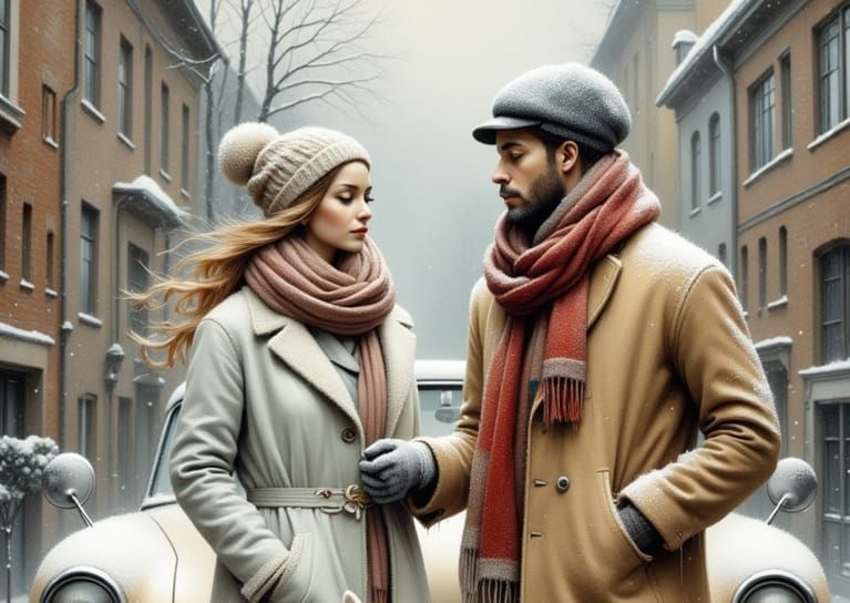 Couple in Winter City with Classic Car