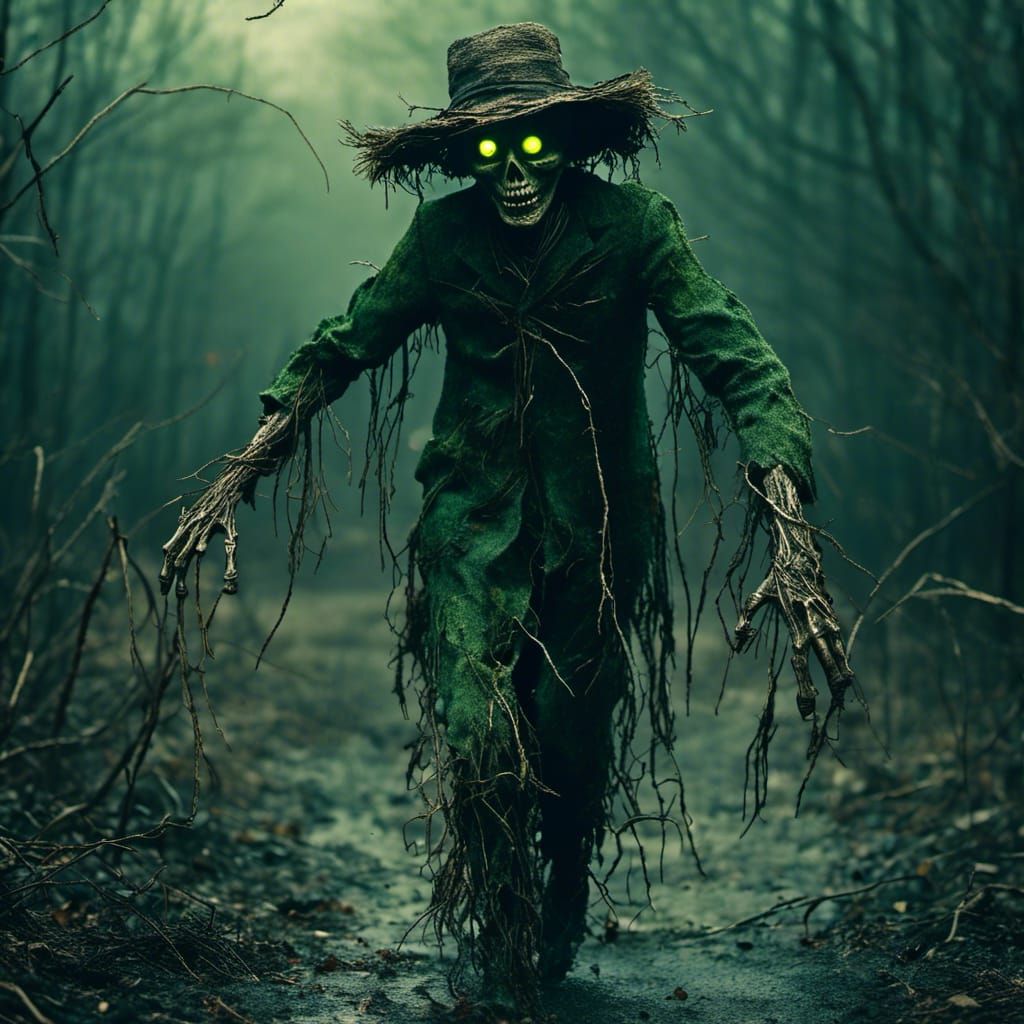 Scarecrow Horror, running, glowing green eyes, hd realistic, Insanely detailed horror photography <lora:FrightNight:1.0> HD photography, Cre...