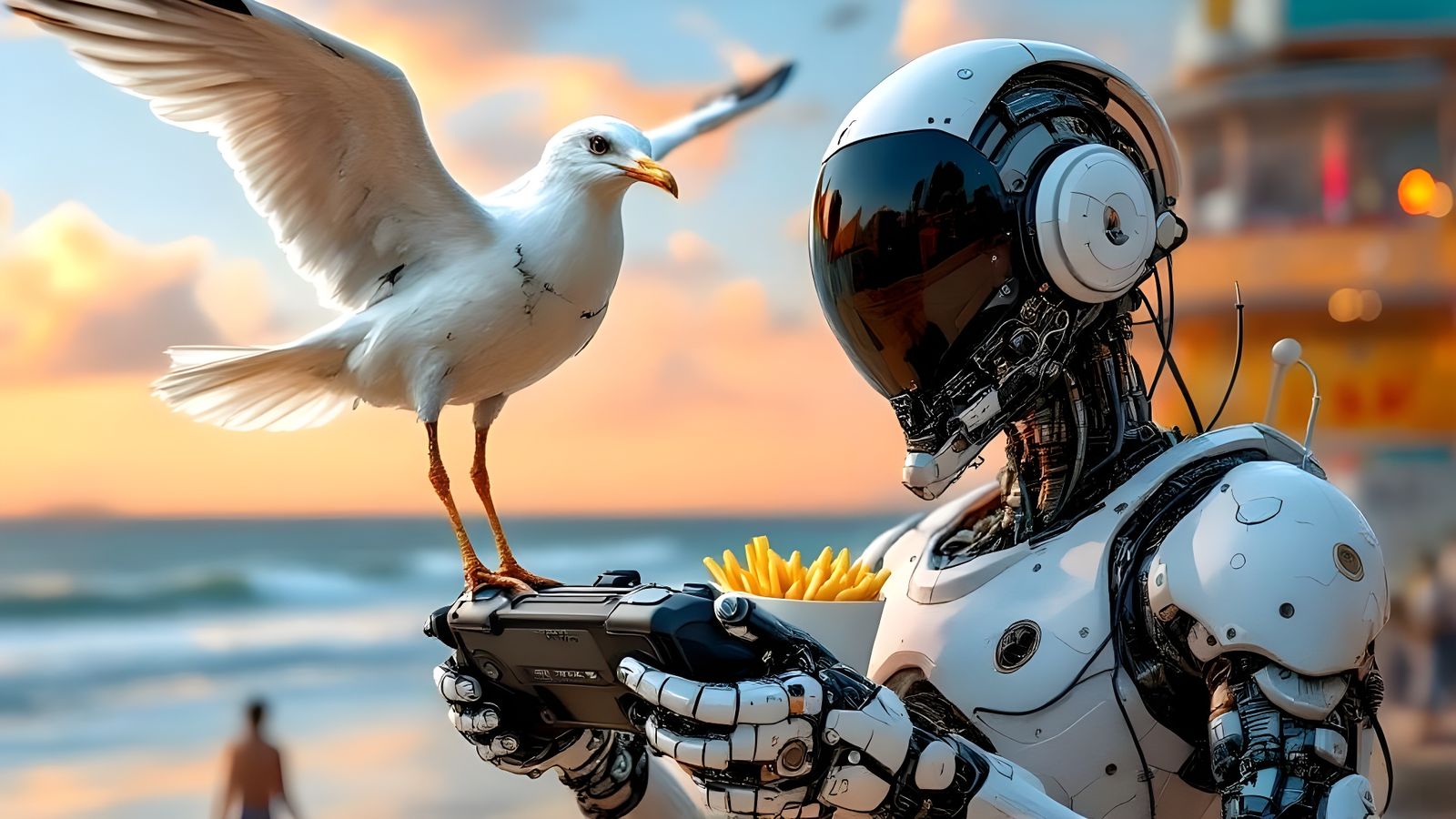 The Cyborg French Fry Raider Supervillain with a Seagull Minion  by @Gary Murakami