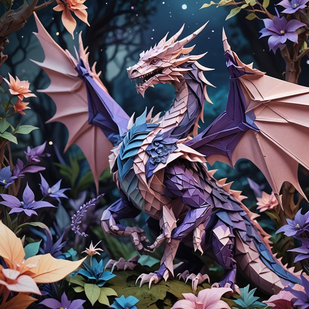 Origami Dragon Unfolds Wings in Moonlit Garden