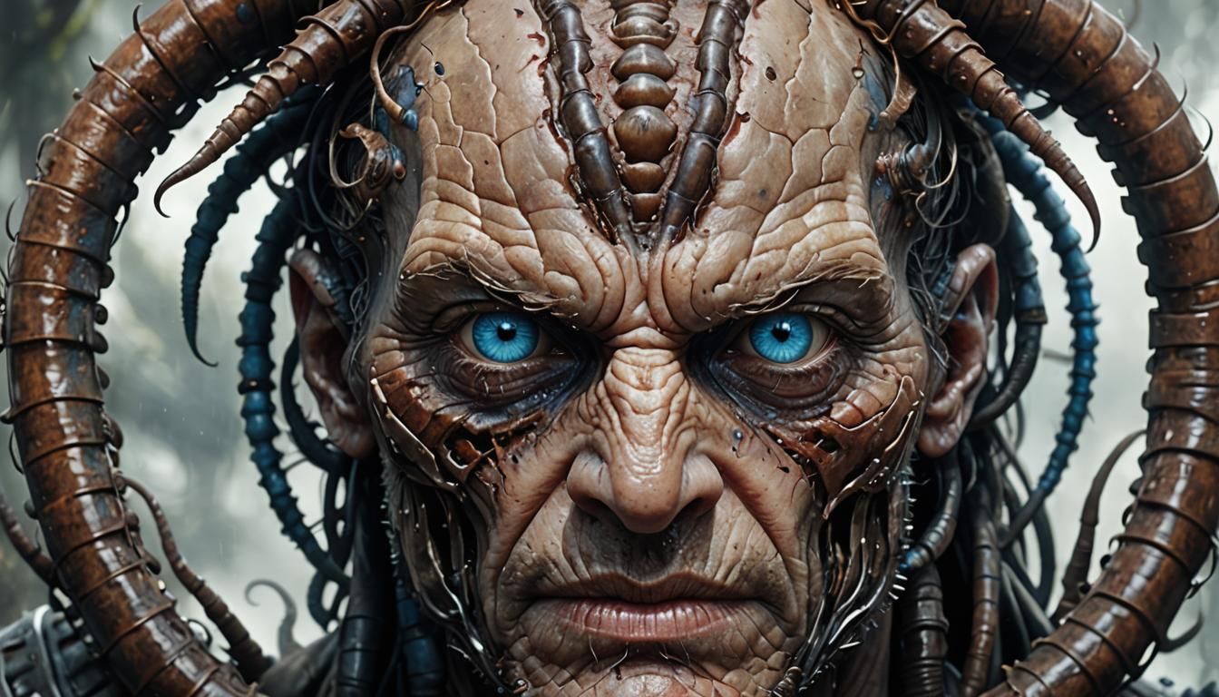 human face powerful and ageless, piercing blue eyes. two cla...