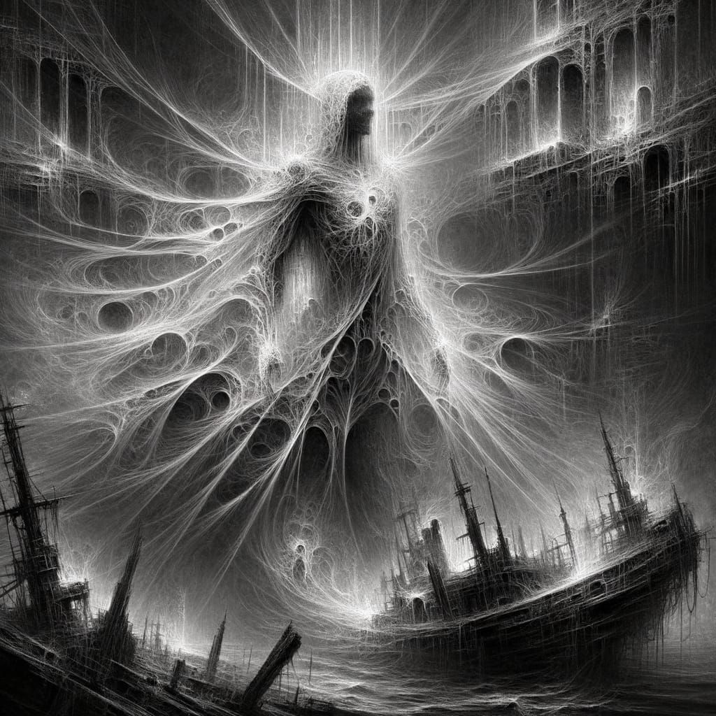 A white horse with flowing mane gallops through swirling storm clouds, its form dissolving into mist and vapour. Dynamic brushstrokes create... - Start Image 2