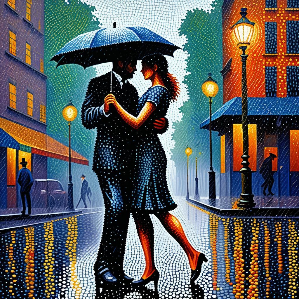 Pointillism. Full body portrait. Tango. Urban background. Rain. Georges Seurat.  by @Alcuin