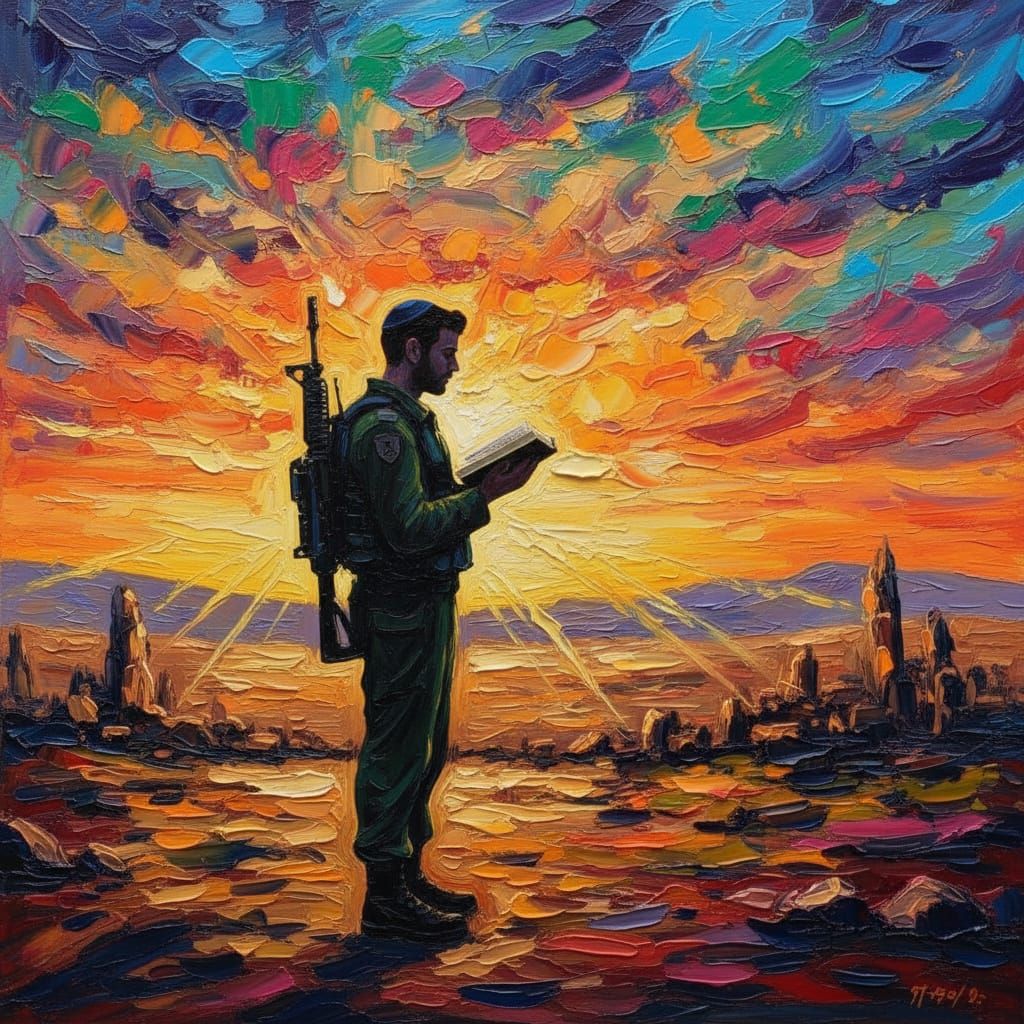 Jewish Soldier Praying at Glorious Sunrise in Impasto Style
