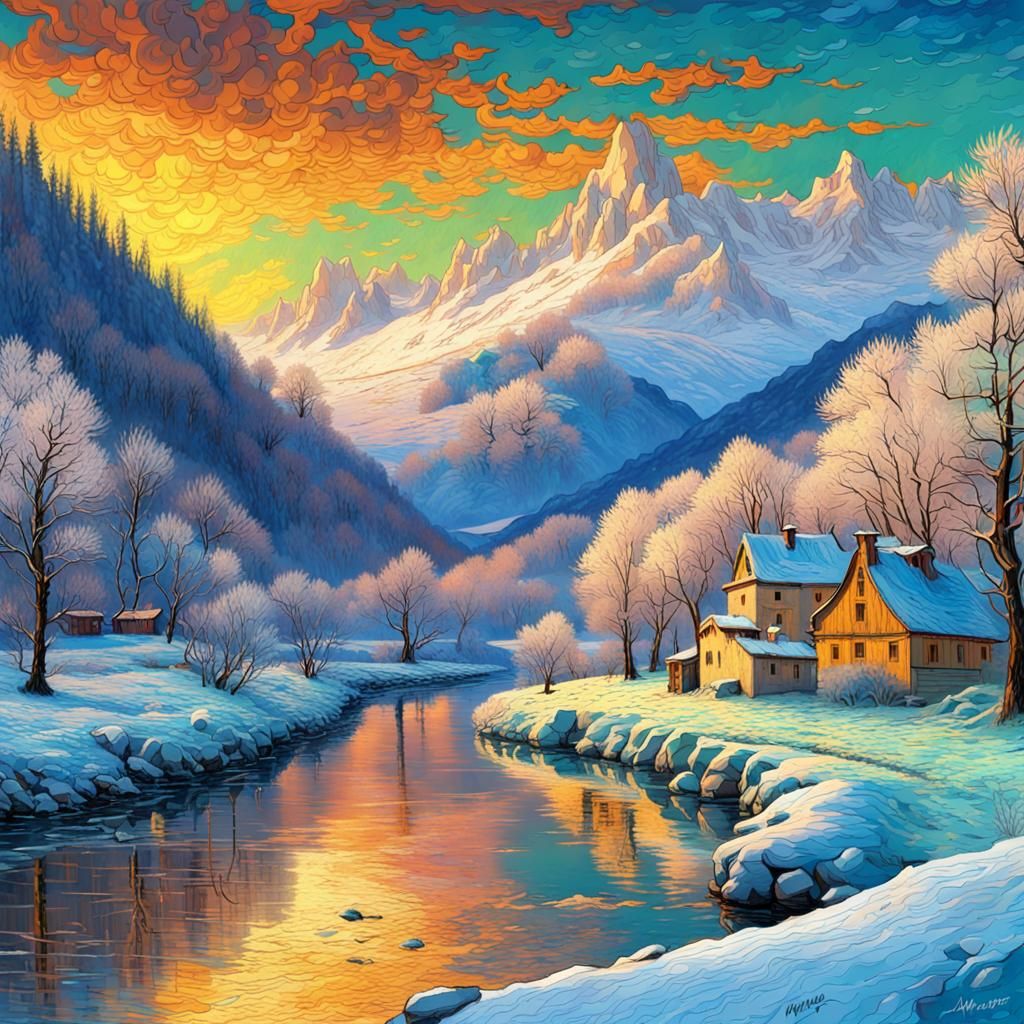 Winter riverscape with village