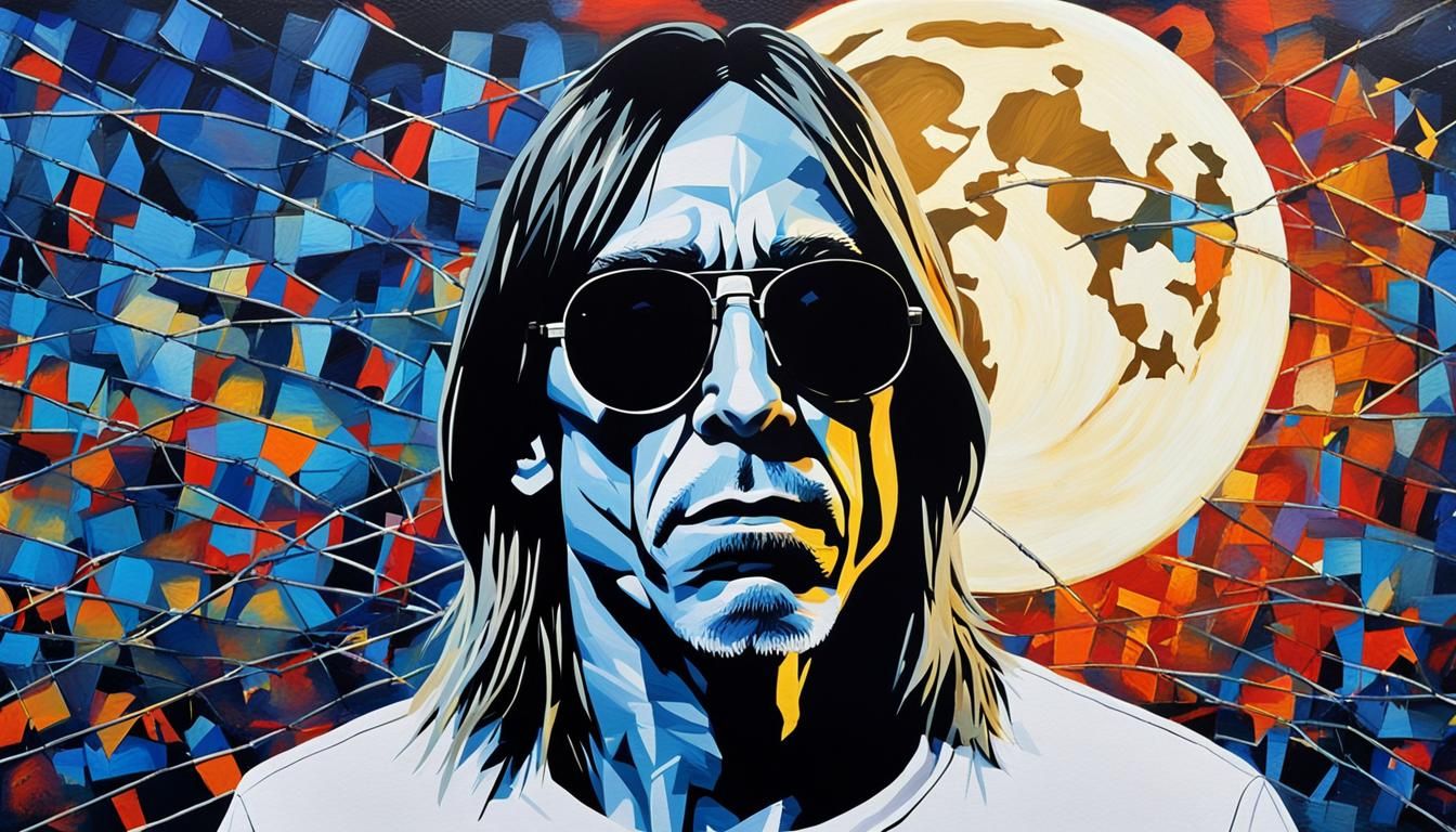 singer iggy pop wearing white tee shirt and round sunglasses...