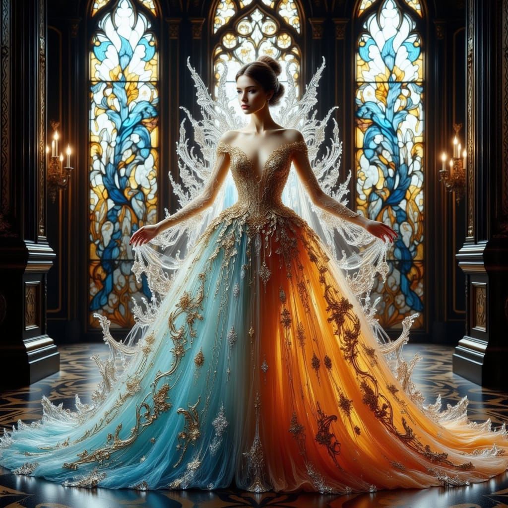 Regal Queen in Iridescent Glass Gown on Crystalline Throne