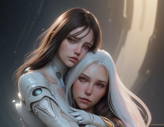 beauty brunette and white skinned alien lady hug