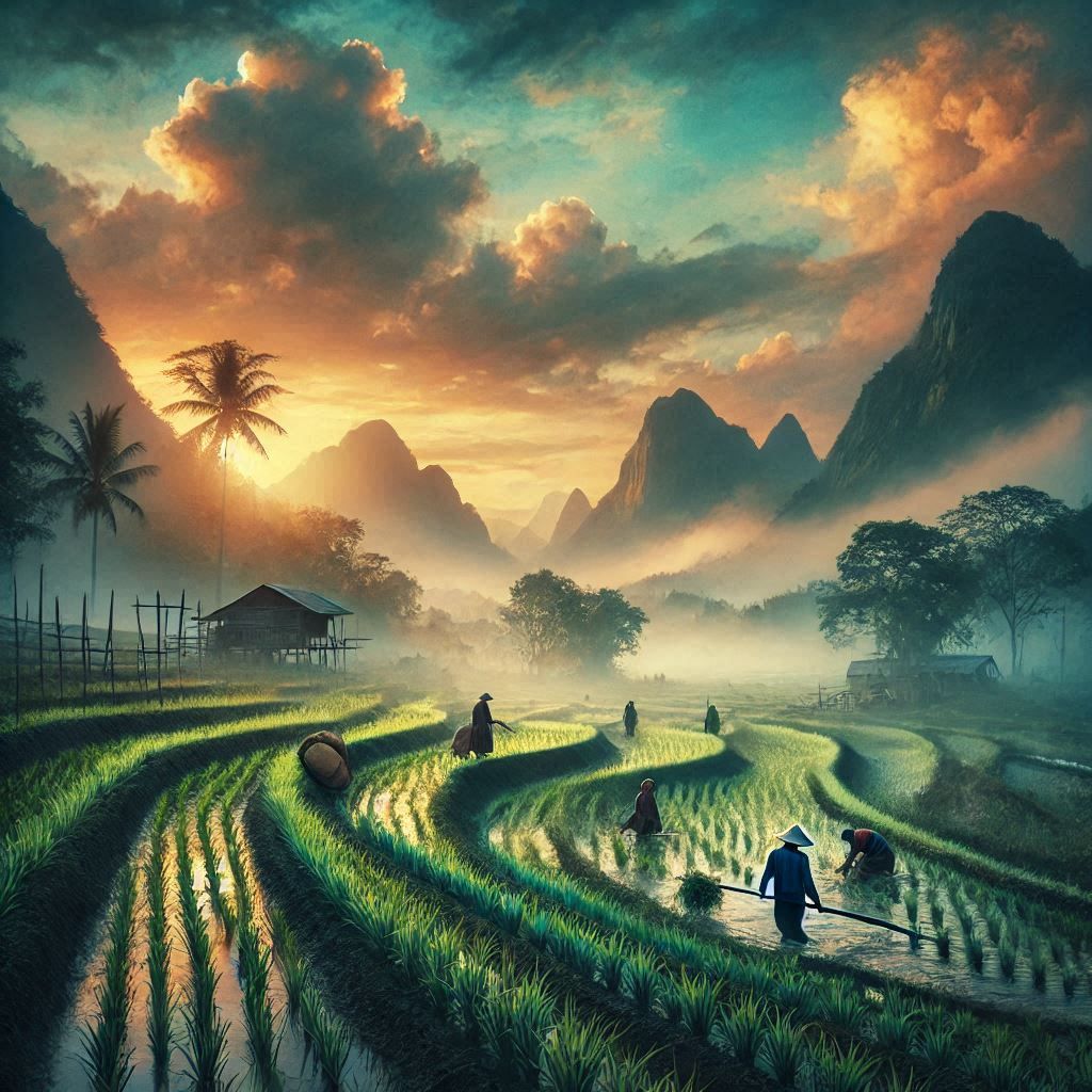 Farmers are working in the rice fields