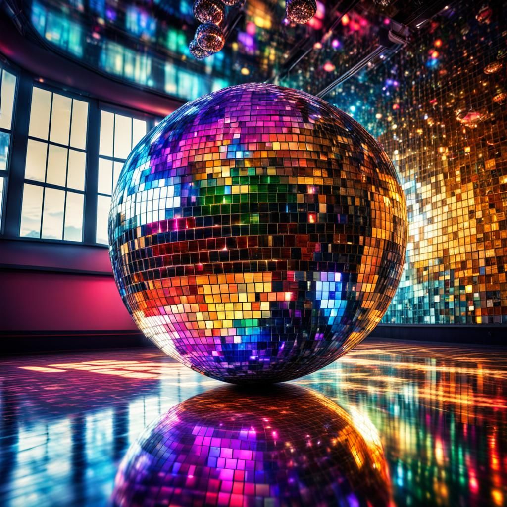 Sparkling disco ball reflecting many colors all over the room with mirrors on the walls intricate details, ...  by @KRoseCarol