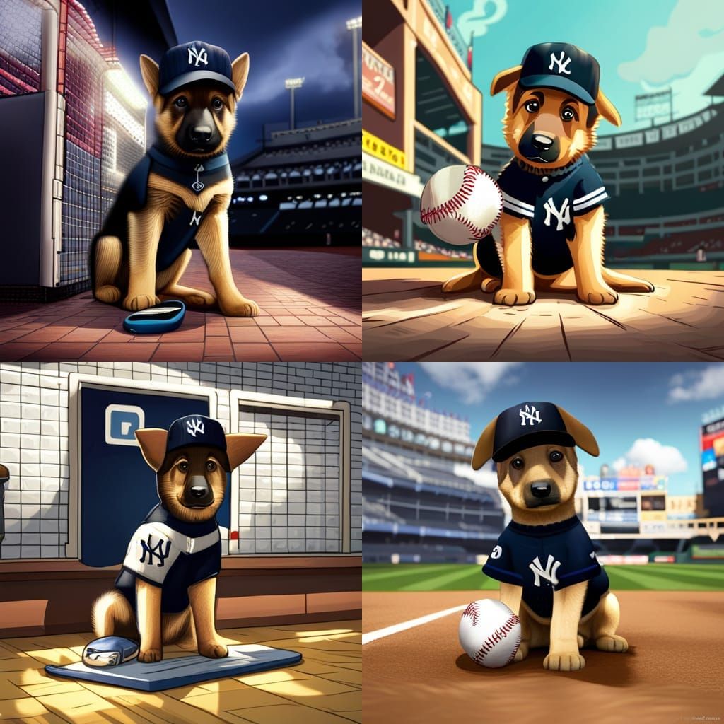 An adorable German shepherd puppy sitting at home e plate inside Yankee Stadium. The puppy is writing a New York Yankees...