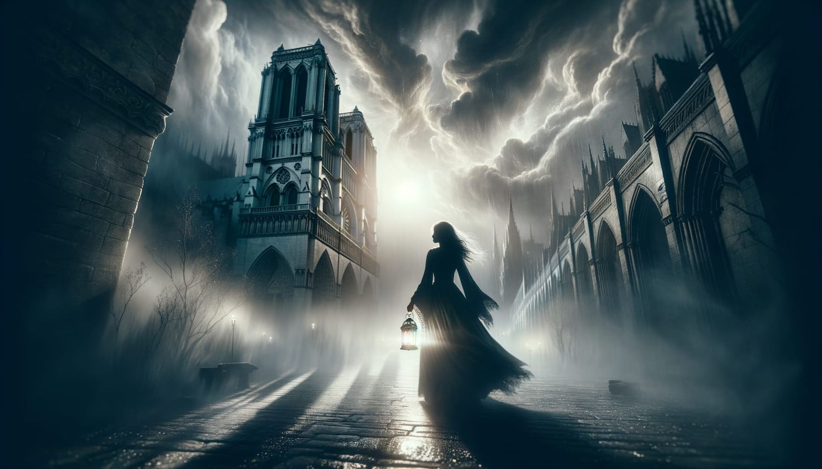 [Scene/Subject] A mysterious female figure walking through a...