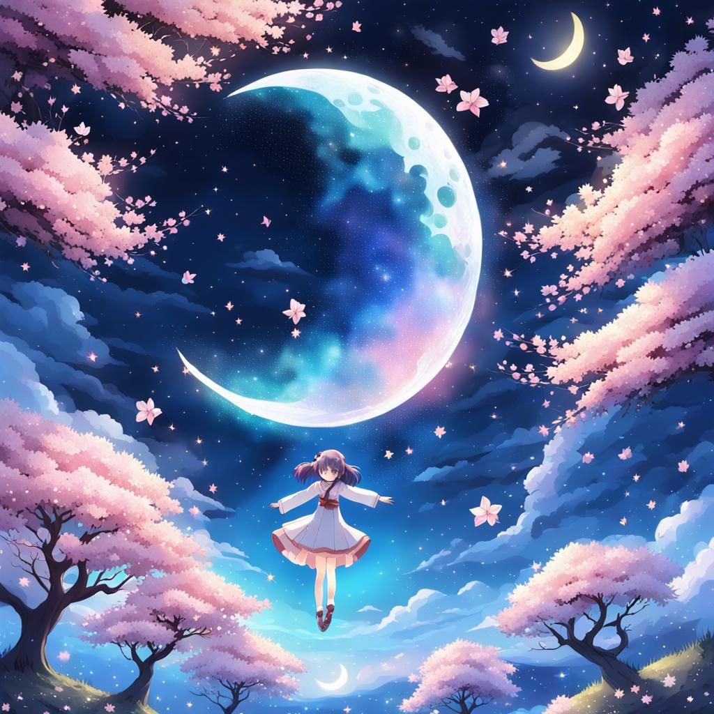Anime Girl Floating in Starry Cherry Blossom Sky