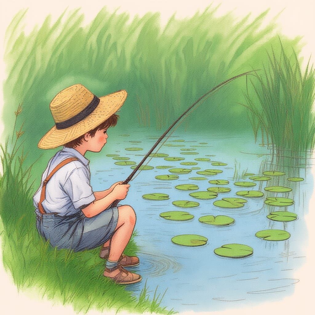 Pen and ink sketch of a young boy wearing a straw hat.  He is sitting on the bank of a pond fishing.  A fish jumping amongst the lily covere...