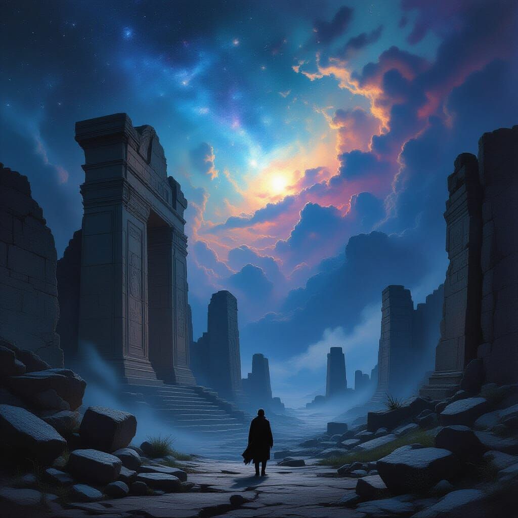 A lone traveler stands before colossal, crumbling ancient ruins, bathed in the ethereal glow of a distant nebula. The air is thick with a my...
