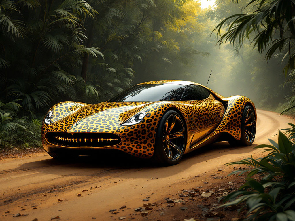 An leopard-patterned car in the jungle – MI