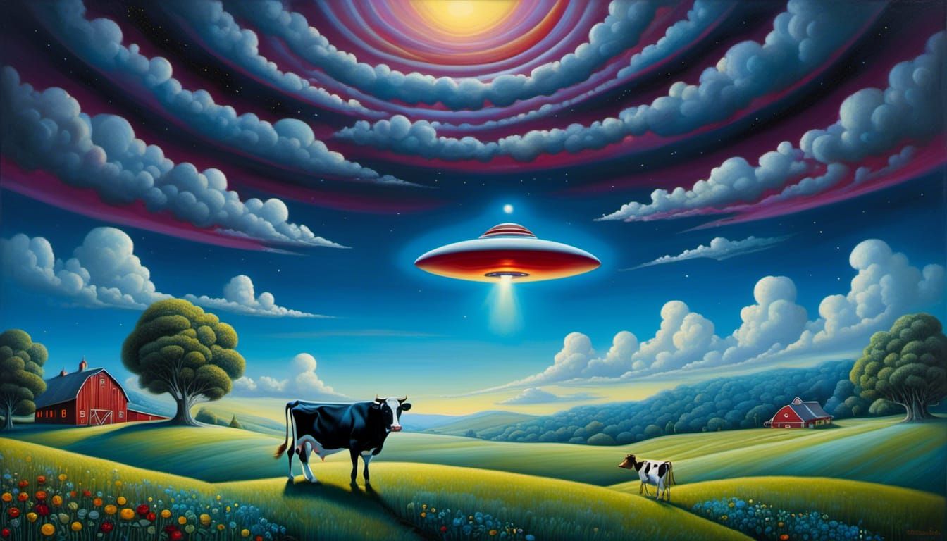 Flying Saucer Abducting Cow in Pop Surrealism