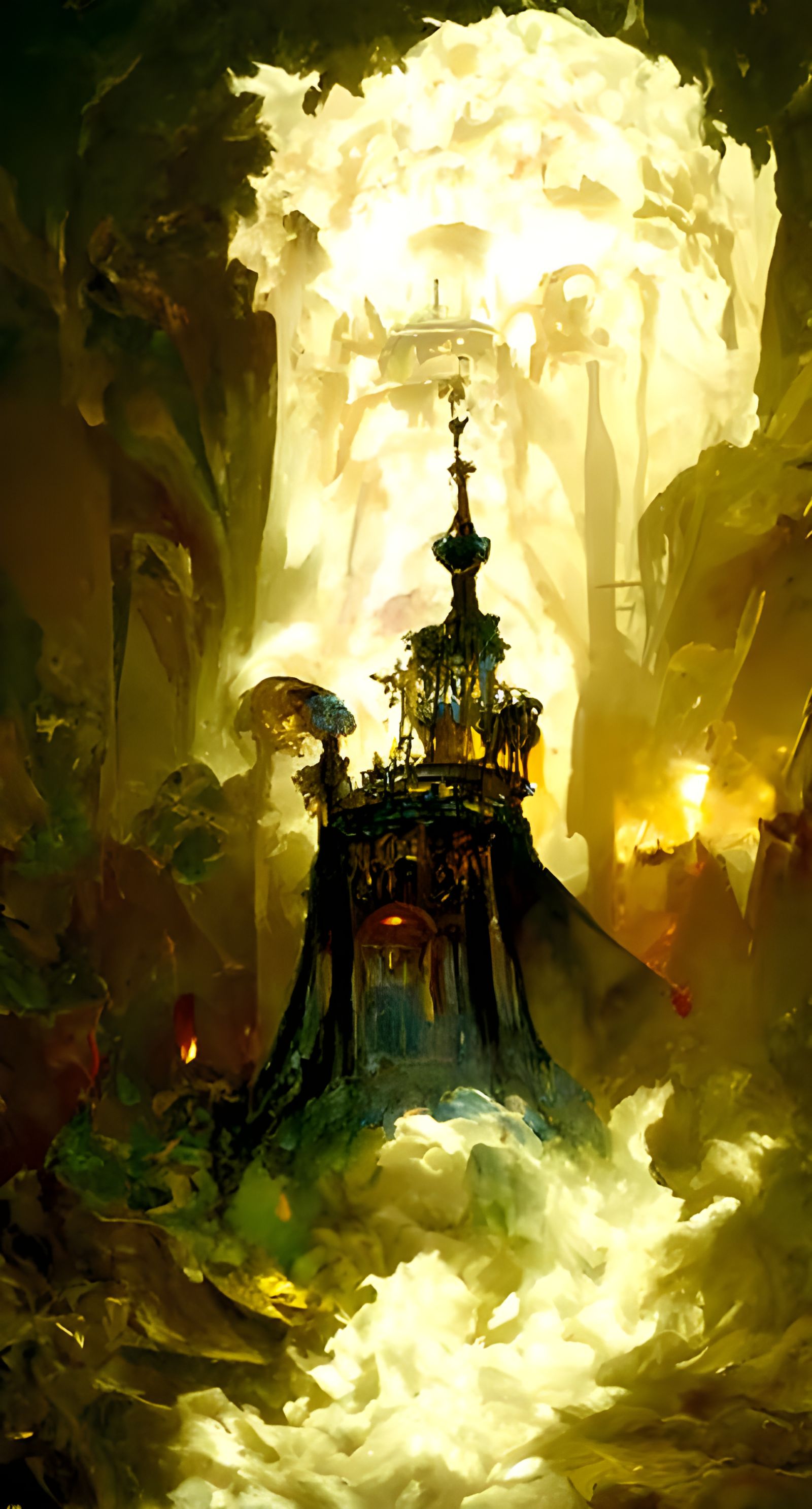 Chandelier tower castle fog flames sinister by Greg Rutkowsk...
