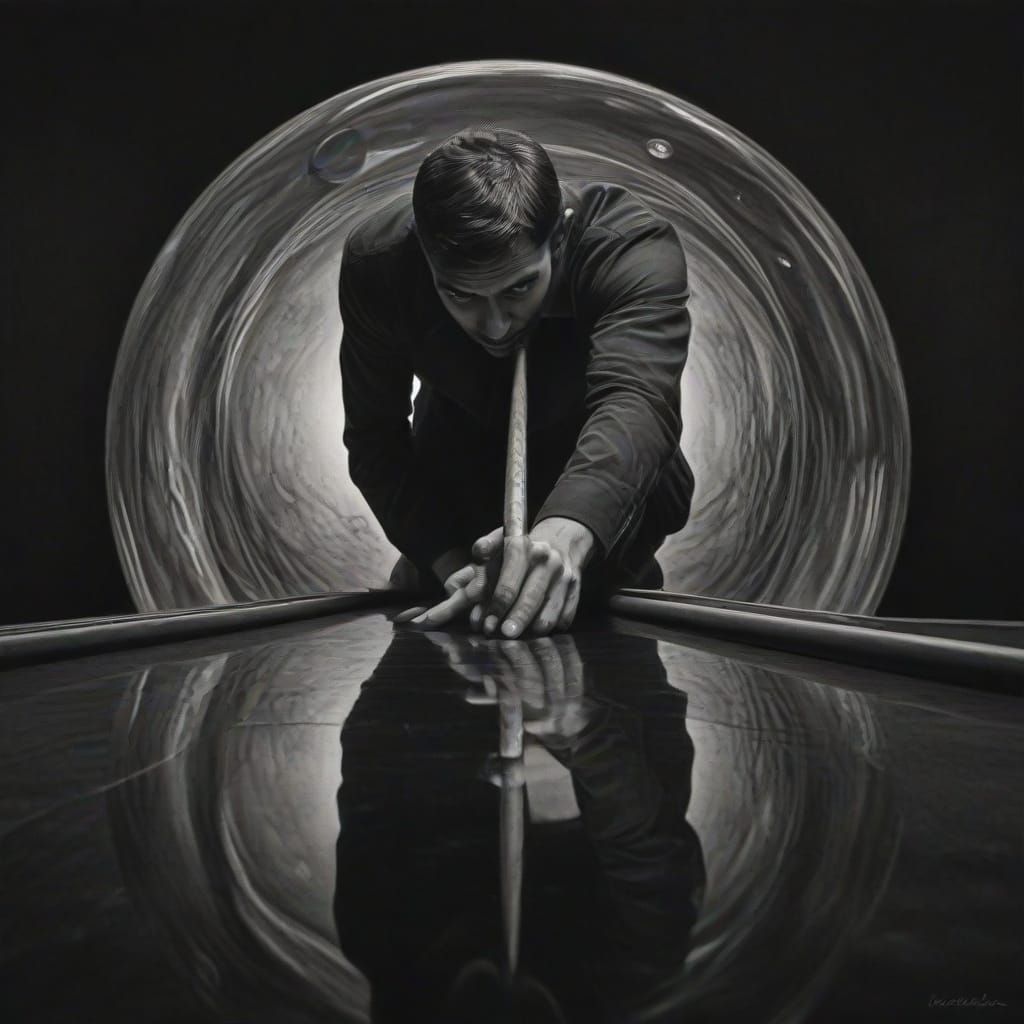 (surreal charcoal illustration:1.4), (hyper-detailed reflective sphere:1.5), (distorted reflection of a man playing billiards:1.5), (man aim...