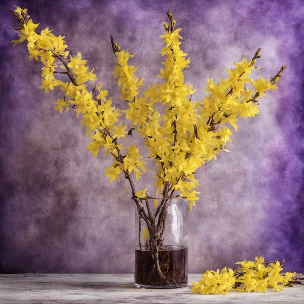 Stems of Forsythia Flowers in Clear Glass Vase Half Filled w...
