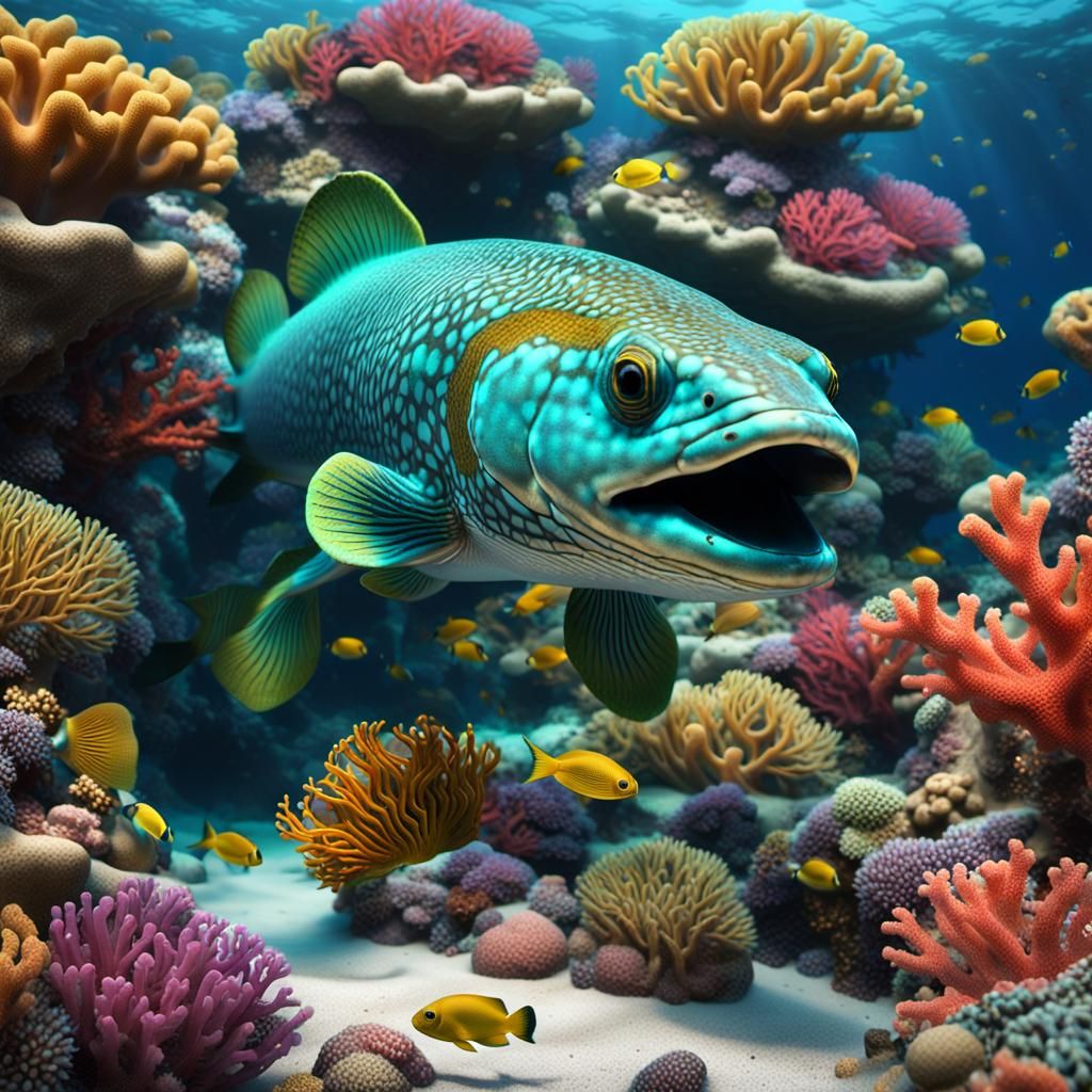 A vibrant eel fish weaving through colorful coral reefs, int...