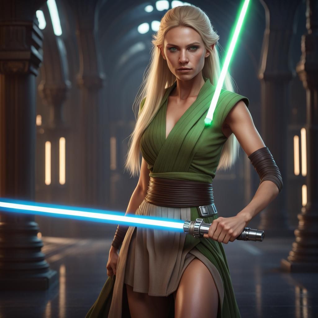 Beautiful female jedi with long blonde hair holds light saber - Star ...