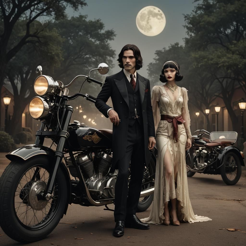 Dark-haired Dove Cameron as a flapper, with long haired Jaco Van Den Hoven styled and stylized as vampire twins dressed in 1920s clothing in...