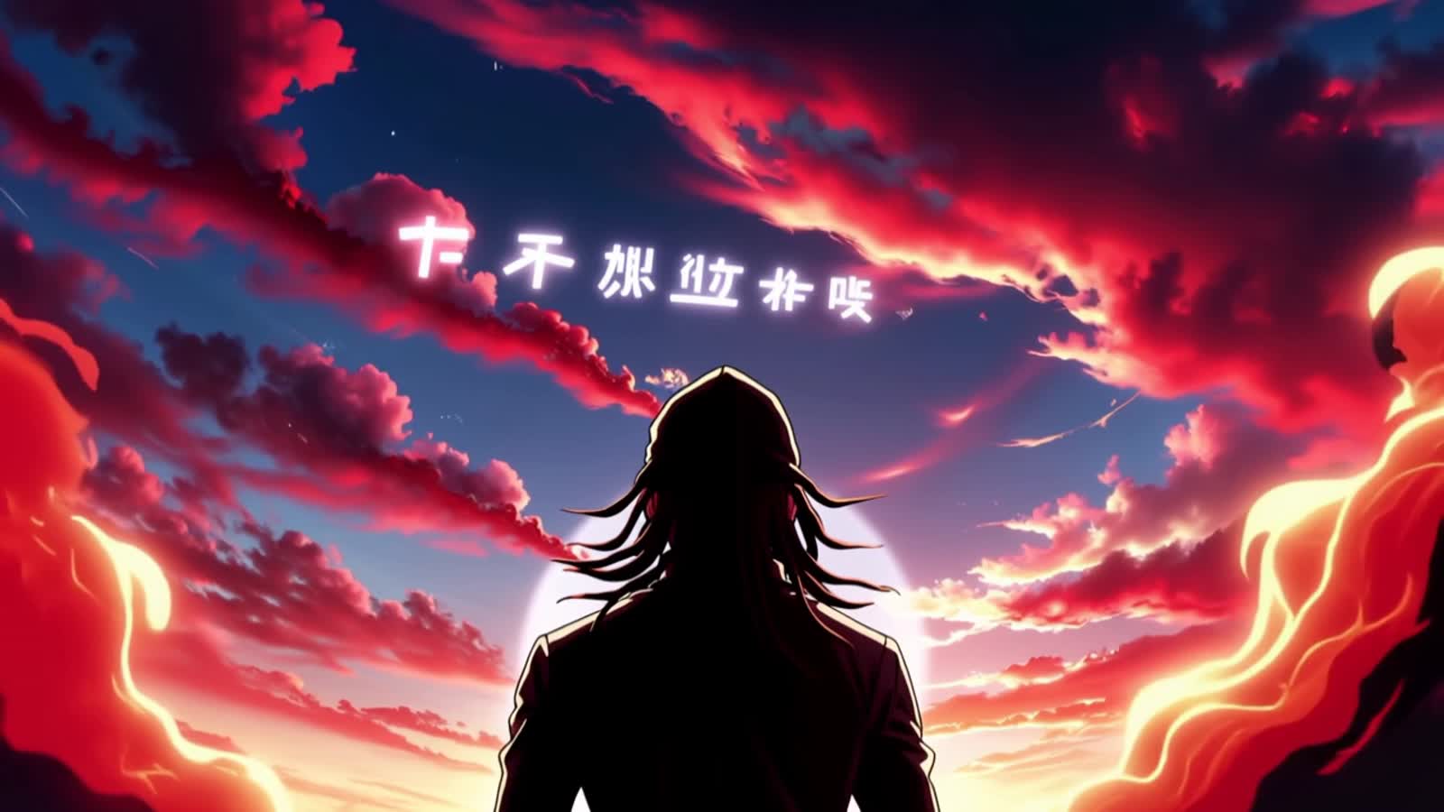 Anime cloud background glowing red, hooded figure with dreads styled like an anime villain, ‘Starting Soon’ in English a...