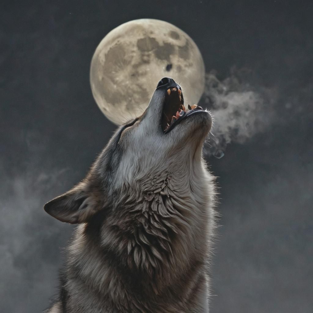 A wolf howls in the light of a full moon and steam curls upw...