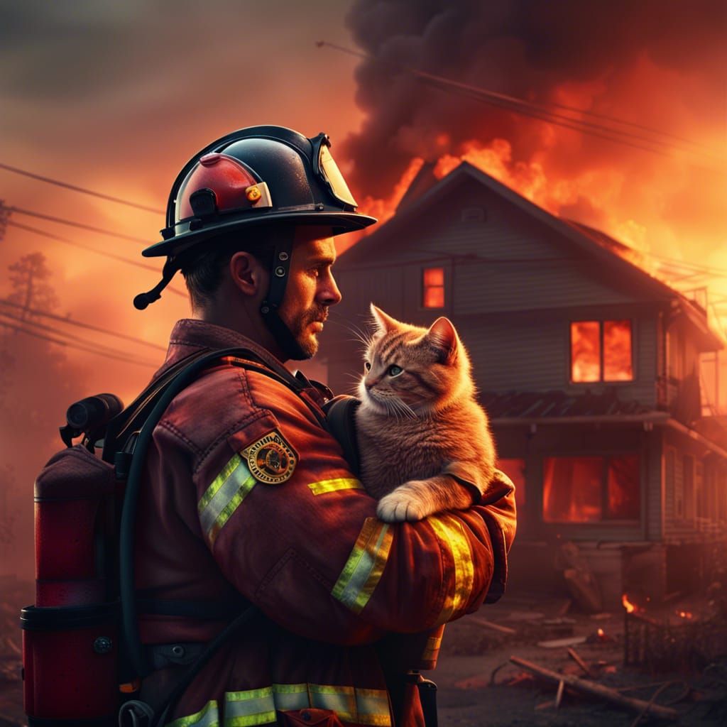 Tired firefighter with cat  by @undefined