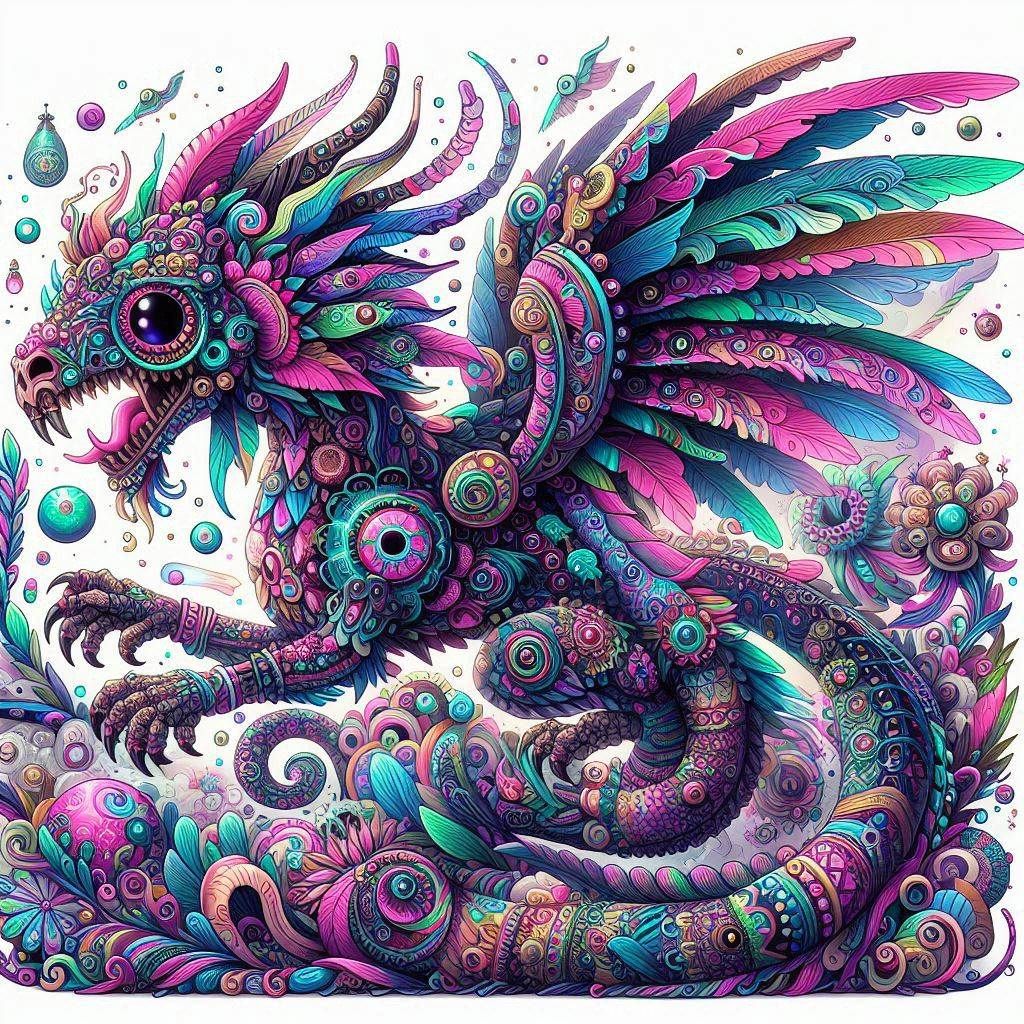 A whimsical goth Quetzalcoatl adorned with intricate, colorful details, presented in a vibrant cutecore aesthetic. The scene is richly detai...