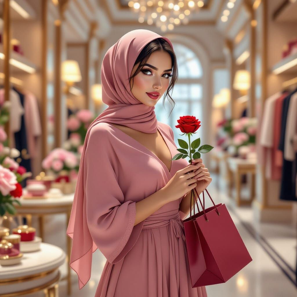 Elegant Woman Shops at Luxury Boutique with Rose