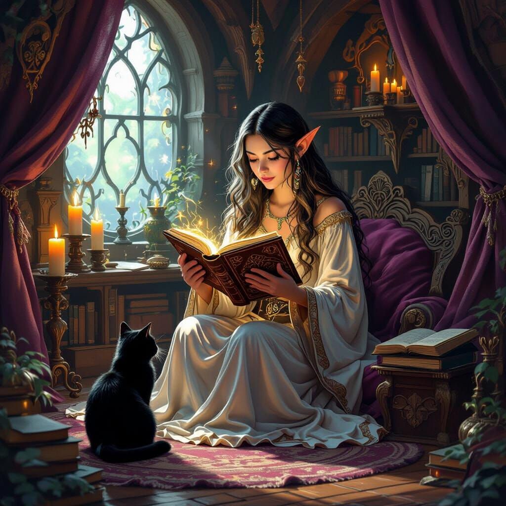 Elven witch reading a spellbook with her familiar