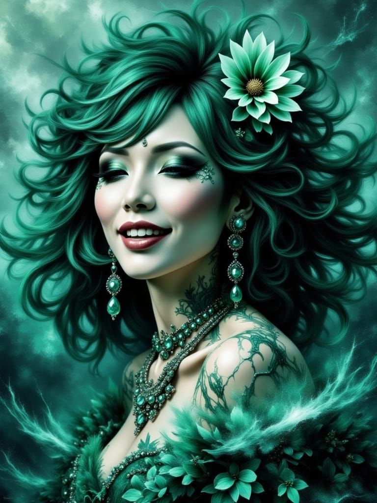 Ethereal Woman Adorned in Vibrant Jewels and Whimsical Wraps