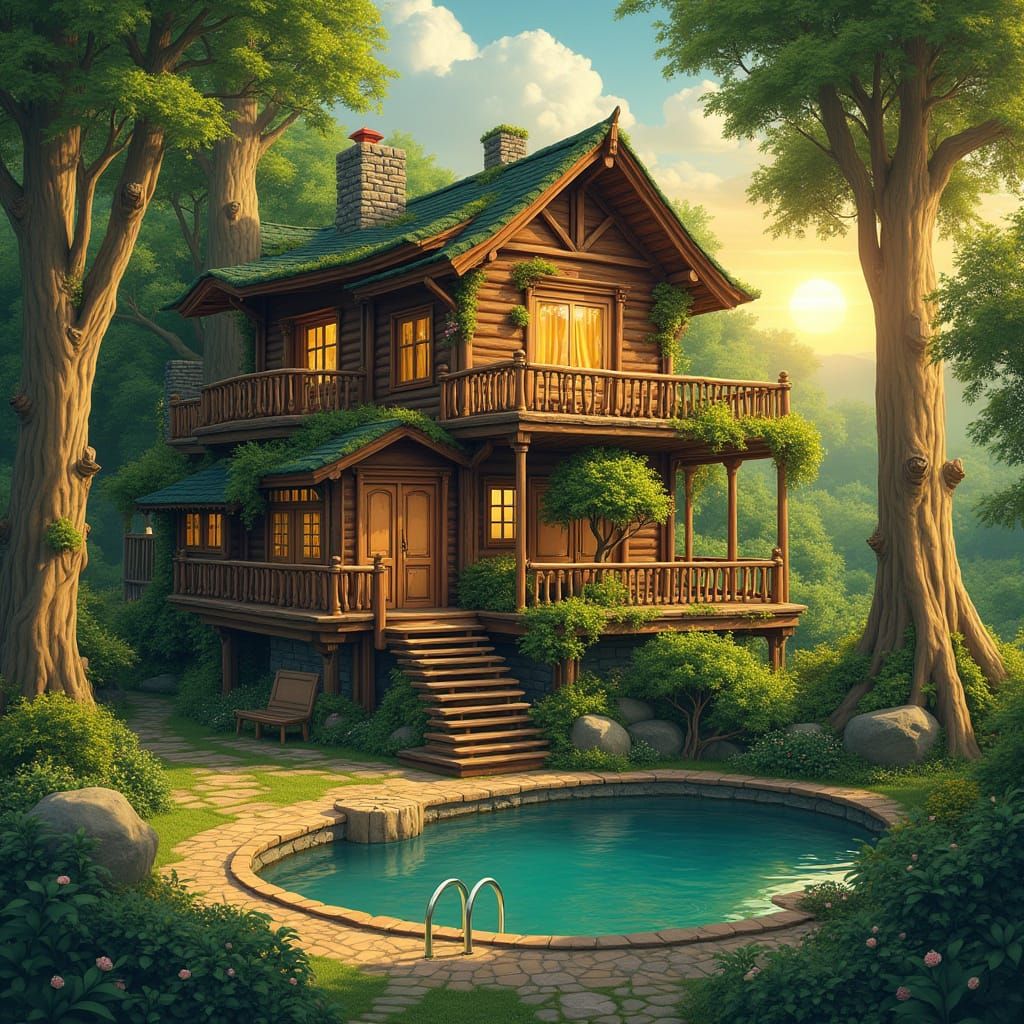 Whimsical Wooden House Amidst a Lush Forest Glade